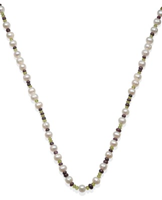 Lot 2082 - A Cultured Pearl and Ruby and Prasiolite Bead Necklace, round cultured pearls spaced by groups...