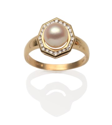 Lot 2085 - An 18 Carat Gold Cultured Pearl and Diamond Ring, a pearl within a round brilliant cut diamond...