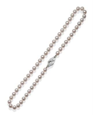 Lot 2123 - A Cultured Pearl Necklace, 52 uniform cultured pearl knotted to a white double hook clasp,...