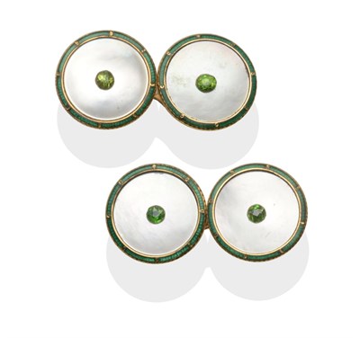 Lot 2125 - A Pair of Cufflinks, the circular heads inset with mother of pearl within green enamel borders,...