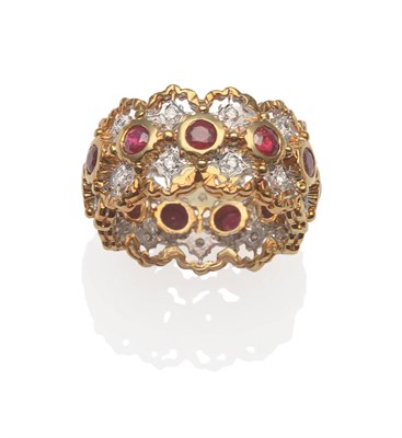 Lot 2131 - A Ruby and Diamond Full Eternity Ring, round cut rubies in yellow rubbed over settings, spaced...