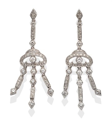 Lot 2139 - A Pair of 18 Carat White Gold Diamond Set Chandelier Earrings, a lozenge shaped stud suspends...