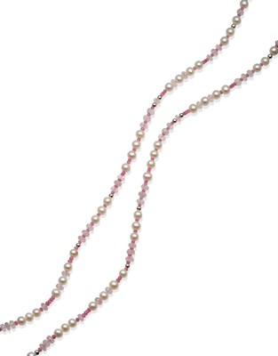 Lot 2141 - A Cultured Pearl and Pink Sapphire and Morganite Bead Necklace, round cultured pearls spaced by...