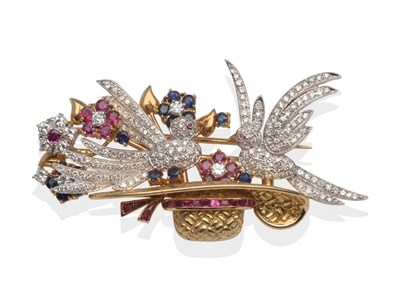 Lot 2142 - A Bird and Hat Brooch, modelled as two birds pavé set with round brilliant cut diamonds and...