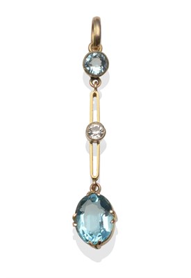 Lot 2151 - An Aquamarine and Diamond Drop Pendant, a round cut aquamarine suspends a bar set with an old...