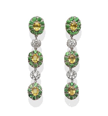 Lot 2160 - A Pair of 18 Carat White Gold Green Garnet, Yellow Sapphire and Diamond Earrings, three...