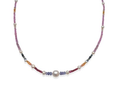 Lot 2161 - A Cultured Pearl and Multi-Coloured Sapphire Bead Necklace, graduated round cultured pearls...