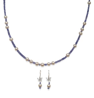 Lot 2162 - A Cultured Pearl and Tanzanite Bead Necklace and Earring Suite, round cultured pearls spaced by...