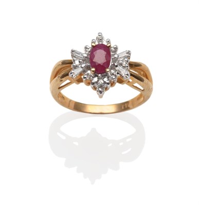 Lot 2167 - A Ruby and Diamond Cluster Ring, an oval cut ruby in a yellow claw setting within a round brilliant