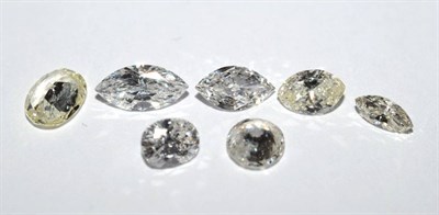 Lot 2168 - Seven Loose Assorted Diamonds, including four marquise cut, two oval cut and one round...