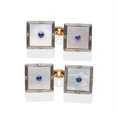 Lot 2178 - A Pair of Sapphire and Mother-of-Pearl Cufflinks, the square tops inset with mother-of-pearl in...