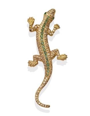 Lot 2181 - An Emerald and Diamond Salamander Brooch, realistically modelled and set with round cut...