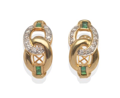 Lot 2187 - A Pair of Emerald and Diamond Cuff Earrings, a round brilliant cut diamond pavé set white hoop...