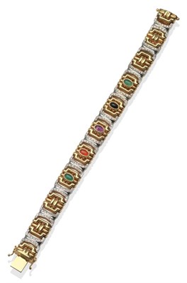 Lot 2197 - A Multi-Gemstone and Diamond Bracelet, oval cabochon gemstones in rubbed over settings to...