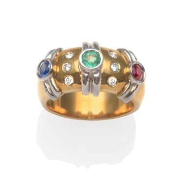 Lot 2200 - A Multi-Gemstone Ring, with a round cut emerald, sapphire and ruby in white rubbed over...