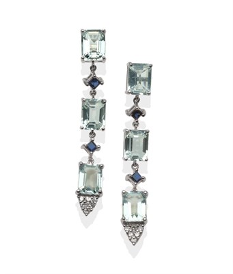 Lot 2202 - A Pair of Aquamarine, Sapphire and Diamond Drop Earrings, three emerald-cut aquamarines linked...