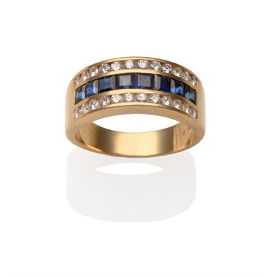 Lot 2209 - A Sapphire and Diamond Half Hoop Ring, square step cut sapphires between row bands of round...