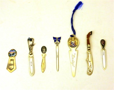 Lot 2329 - Seven Novelty or Enamelled Silver Bookmarks, various dates and makers, comprising: a Norwegian...