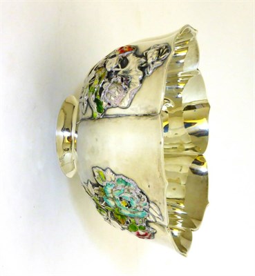 Lot 2403 - A Japanese Silver and Enamel Bowl, character marks to base, of lotus form, the exterior applied...