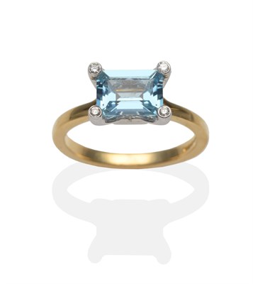 Lot 2002 - An 18 Carat Gold Aquamarine and Diamond Ring, an emerald-cut aquamarine in a white four claw...