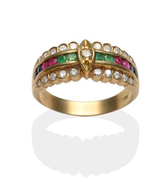 Lot 2013 - A Multi-Gemstone and Diamond Ring, a round brilliant cut diamond in a yellow marquise shaped...