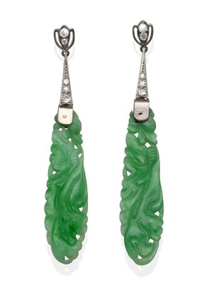 Lot 2020 - A Pair of Circa 1930s Jade and Diamond Drop Earrings, a white eight-cut diamond set trifoil...