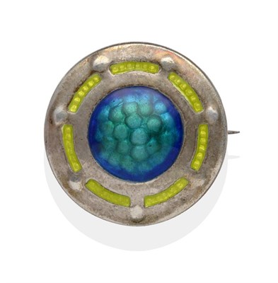 Lot 2030 - A Silver and Enamel Circular Brooch, by James Fenton, enamelled in tones of blue and green,...