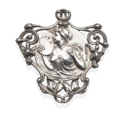 Lot 2034 - A Silver Art Nouveau Brooch, the central circular panel embossed with the allegorical figure of...