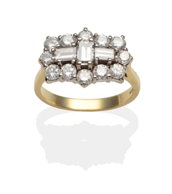 Lot 2036 - An 18 Carat Gold Diamond Cluster Ring, three baguette cut diamonds within a border of round...