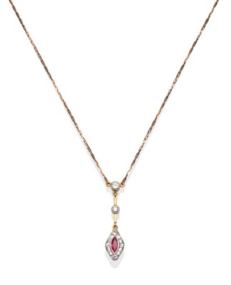 Lot 2050 - A Synthetic Ruby and Diamond Necklace, a round brilliant cut diamond in a yellow rubbed over...