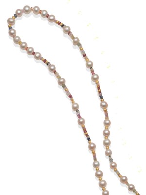 Lot 2054 - A Cultured Pearl and Multi-Gemstone Bead Necklace, cultured pearls spaced by groups of faceted...