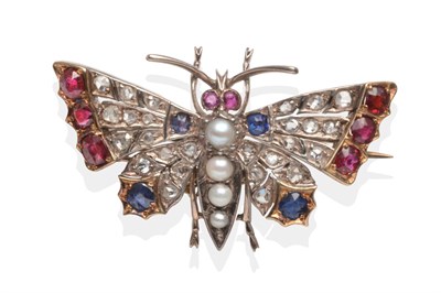 Lot 2060 - A Diamond and Multi-Gemstone set Butterfly Brooch, with a split pearl set body, ruby set eyes...