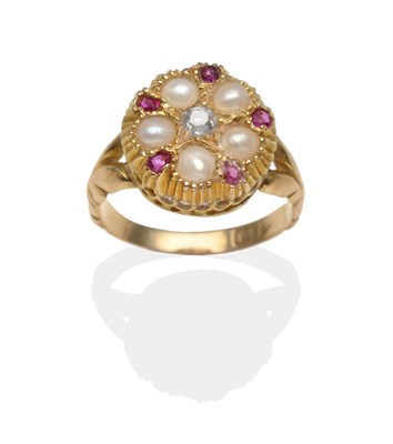 Lot 2068 - An 18 Carat Gold Diamond, Ruby and Split Pearl Ring, a yellow circular bezel inset with a...