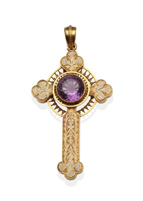 Lot 2070 - An Amethyst and White Enamel Celtic Cross Pendant, a round cut amethyst in a yellow rubbed over...