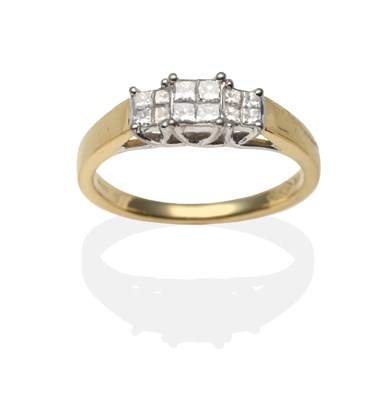 Lot 2164 - An 18 Carat Gold Diamond Ring, princess cut diamonds arranged in three square clusters in white...