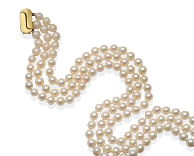 Lot 2168 - A Triple Strand Cultured Pearl Necklace, three strands of 53:54:57 uniform cultured pearls...