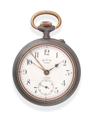 Lot 2183 - A Gun Metal Alarm Pocket Watch, signed Victoria, circa 1915, lever movement, enamel dial with...