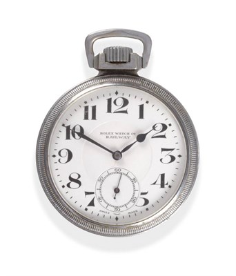 Lot 2188 - A Nickel Plated Open Faced Pocket Watch, signed Rolex Watch Co Railway, 1941, 15-jewel lever...