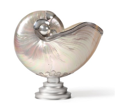 Lot 2216 - A Tiffany & Co Silver Mounted Nautilus Shell, 20th century, on stepped oval foot, the base...