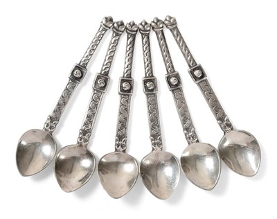 Lot 2285 - A Set of Six Alexander Ritchie Iona Silver Nunnery Pattern Salt Spoons, early 20th century, the...