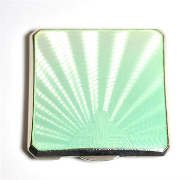 Lot 2294 - An Art Deco Enamelled White Metal Compact, of square form with engine turned geometric...