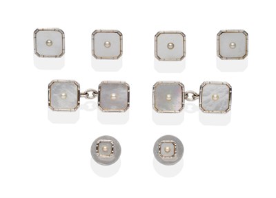 Lot 2027 - A Mother-of-Pearl and Seed Pearl Dress Stud and Cufflink Set, comprising a pair of chain linked...