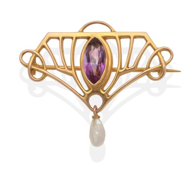 Lot 2040 - An Art Nouveau Amethyst and Baroque Pearl Brooch, a marquise cut amethyst in a rubbed over setting