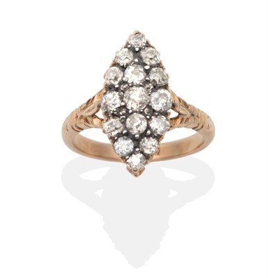 Lot 2046 - A Diamond Navette Cluster Ring, old cut diamonds in claw settings, to forked scroll shoulders,...