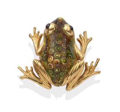 Lot 2049 - An 18 Carat Gold Enamel Frog Brooch, realistically modelled with sapphire cabochon set eyes and...