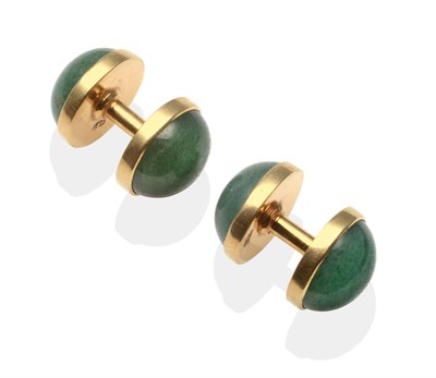 Lot 2059 - A Pair of Adventurine Quartz Solid Bar Cufflinks, round cabochon adventurine quartz in rubbed...