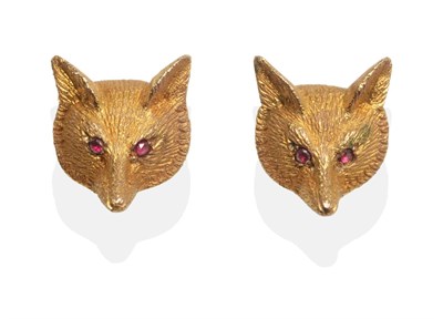 Lot 2062 - A Pair of 9 Carat Gold Fox Earrings, a fox head realistically modelled with textured fur and...