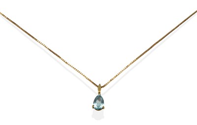 Lot 2097 - An Aquamarine Pendant on Chain, a pear cut aquamarine in a claw setting, on a box link chain,...