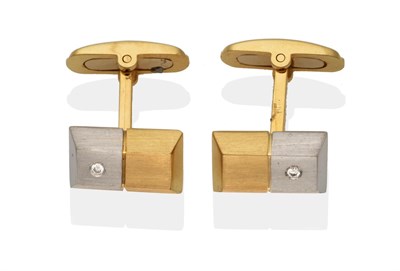 Lot 2099 - A Pair of 18 Carat Two Colour Gold Diamond Cufflinks, half white and half yellow gold brushed...