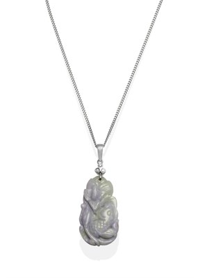 Lot 2104 - An 18 Carat White Gold Carved Jade and Diamond Pendant on Chain, an oval green lavender jade carved